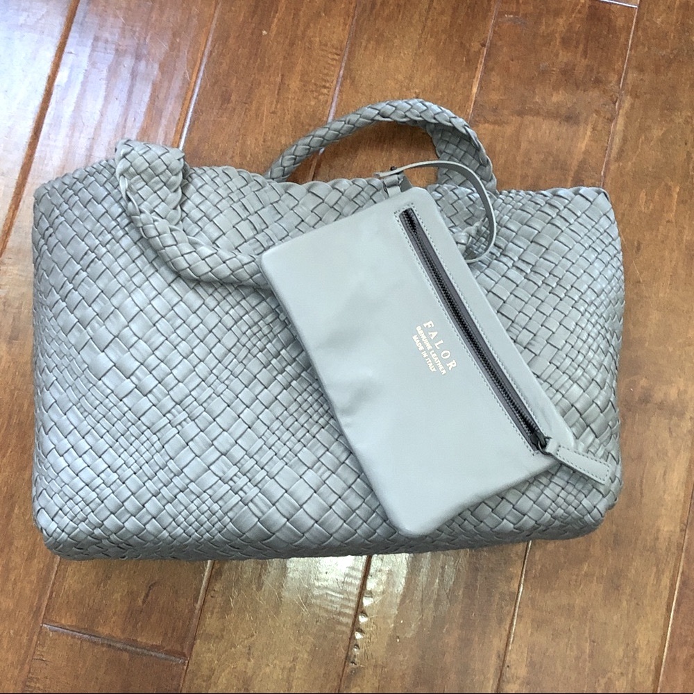 NWT Designer FALOR Italy Hand Woven Genuine Leather Tote Bag & Pouch Pouchette